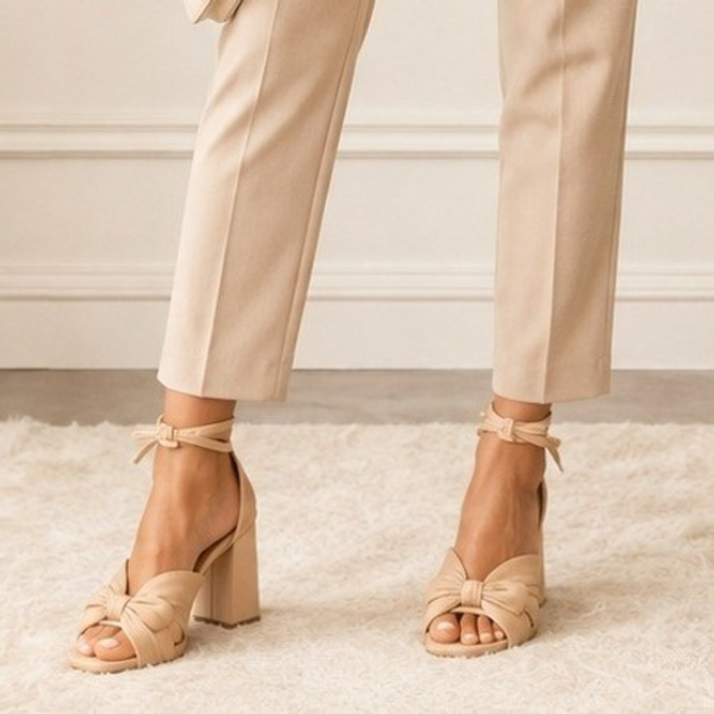 Amoji Womens Gold Satin Block Heel Sandals Pleated Bow Ankle Strap Coquette Glam